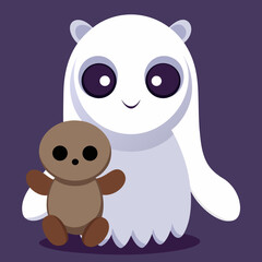 Fototapeta premium T-shirt Ghost With Big Round Eyes Holding A Teddy Bear Vector Cartoon