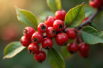 Obraz premium Red berries on branch with green leaves in natural setting 