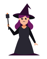 Obraz premium T-shirt Witch Taking Selfie Fun Cartoon