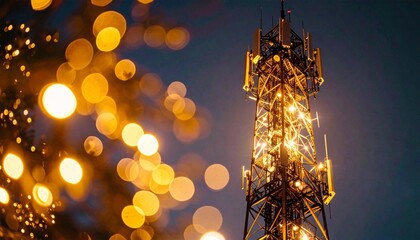 Telecom tower with antennas lit against night sky and bokeh lights.