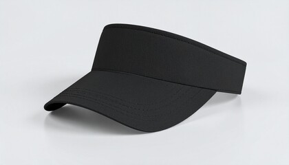 Black visor cap on white surface.