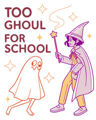 T-shirt Wizard With Ghost And Stars Too Ghoul For School Cartoon