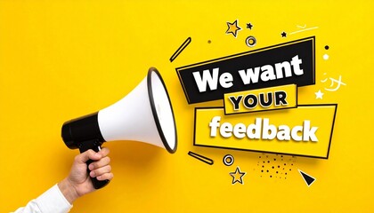 Megaphone announcement on bright yellow feedback poster.