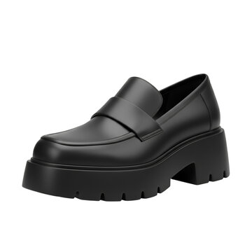 Black leather loafer shoe with thick platform sole isolated on transparent background