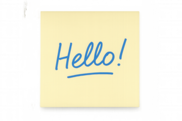 Sticky note with handwritten blue hello! message, welcoming communication and greeting on transparent background