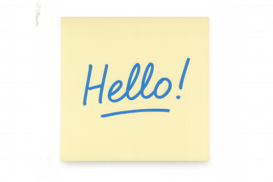 Sticky note with handwritten blue hello! message, welcoming communication and greeting on transparent background