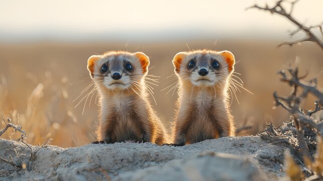 Two young ferrets peer curiously from a sandy embankment under warm natural light