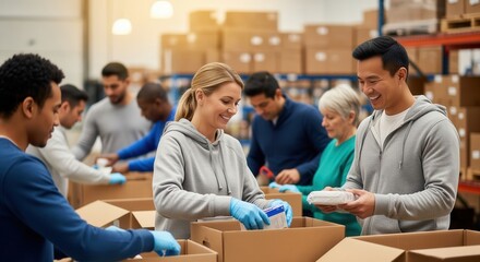 Diverse volunteers packing supplies into cardboard boxes in a brightly lit warehouse
