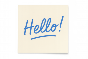 Hello word handwritten in blue marker on a rectangular beige sticky note, transparent background