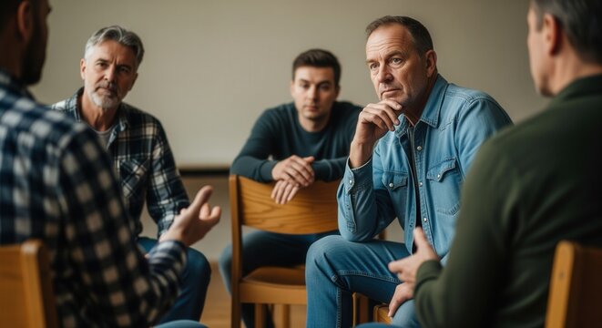 Diverse group of men participating in a support group meeting, sharing experiences and listening intently