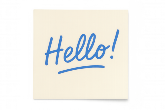Hello word handwritten in blue marker on a rectangular beige sticky note, transparent background