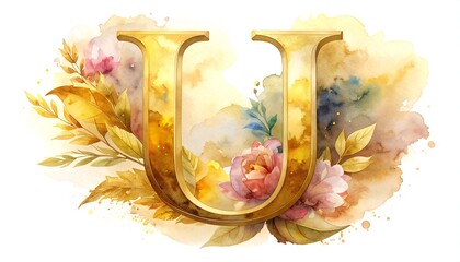 Golden Letter U with Floral Watercolor Accents for Elegant Designs.