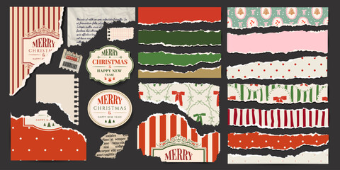Christmas vintage torn paper set. Scraps of Xmas wrapping paper, postcards, newspaper, letter. Vector design template in aged style