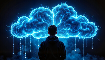 Person with a thoughtful expression gazing at glowing blue clouds in a dark background