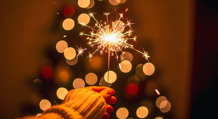 Sparkling celebration with hand holding a bright sparkler against festive bokeh lights