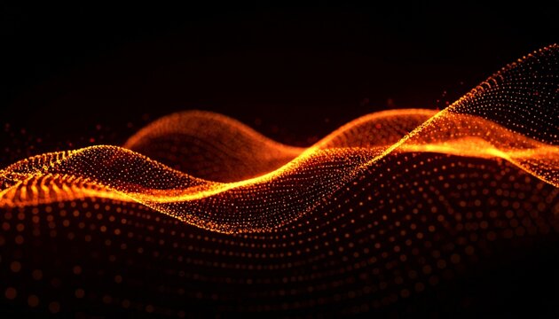 Flowing orange waveforms and dots on black digital background.