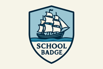 Obraz premium Vintage-style school badge with a three-masted sailing ship on a blue shield crest.