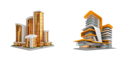 Modern architectural designs showcase city center models, isolated on transparent background, png set