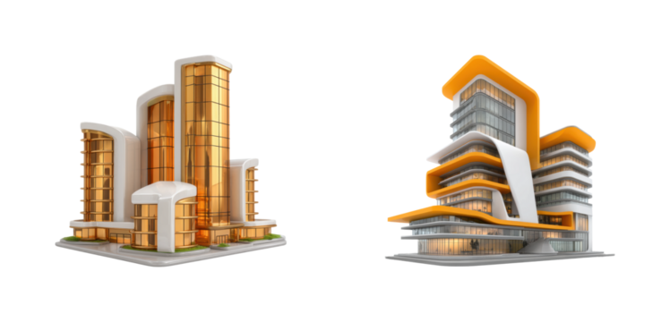 Modern architectural designs showcase city center models, isolated on transparent background, png set