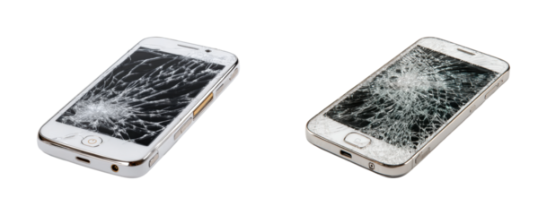 Accidental damage to smartphone screens, isolated on transparent background, png set