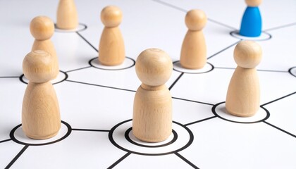 Wooden and blue game pieces on network diagram with circles and lines.