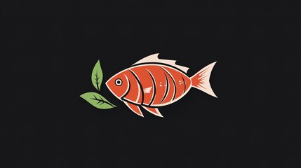 Fototapeta premium A vibrant orange fish with green leaves, set against a dark background, creating a striking and playful visual.
