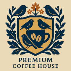 Elegant Coffee House Logo Featuring Birds Flowers and Coffee Cup Design.