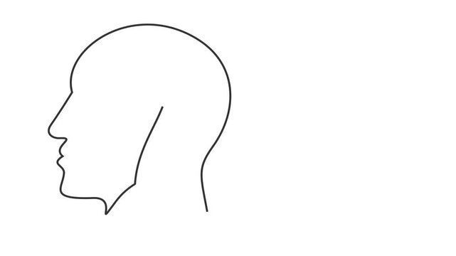 Animated self drawing of continuous line draw. The head of a man with a question mark.  Full length one line animation. 4K 