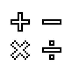 Pixel art math symbols including addition subtraction multiplication and division signs, Pixel art, Vector illustration.