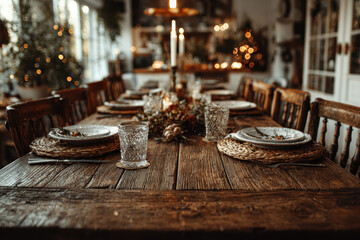 Rustic dining table is elegantly set for festive gathering, featuring woven placemats, crystal glasses, and centerpiece with candles and natural elements. Warm lighting creates cozy atmosphere