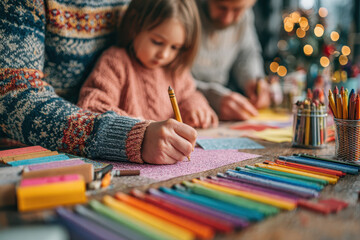 Fototapeta premium Child and adult are drawing together at table filled with colorful pencils and paper, creating warm and creative atmosphere