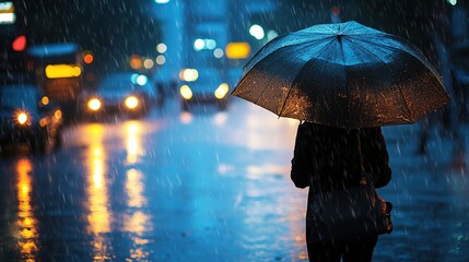 A silhouette of a person holding an umbrella in the rain, with city lights blurred in the background, creating a moody, atmospheric scene.