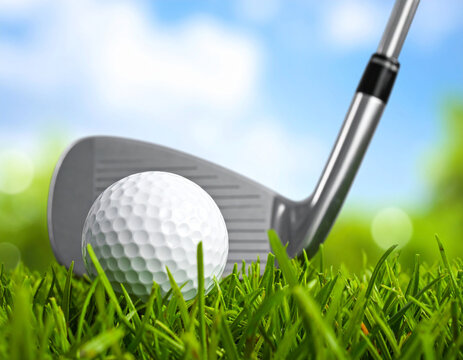 Close-up of a golf club about to strike a ball on a lush green grass field with a blurred background of blue sky and foliage