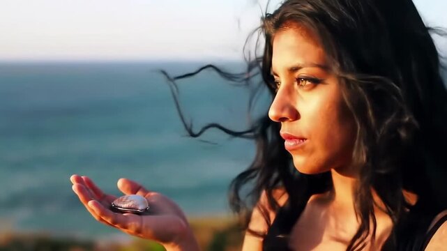Young woman holding a seashell in her open hand, gazing at the ocean during a windy sunset