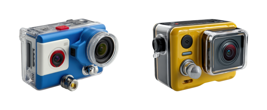 Capturing adventure action cameras for exploration, isolated on transparent background, png set