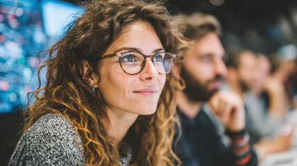 Woman with curly hair and glasses is focused while working in modern office environment, suggesting collaborative and innovative atmosphere