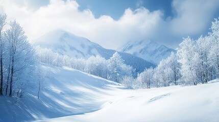 Obraz premium A serene winter landscape featuring snow-covered mountains, frosted trees, and a clear blue sky, creating a tranquil and picturesque scene.