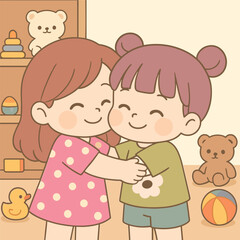 Cute cartoon kids hugging illustration for children's book or greeting card design art vector image