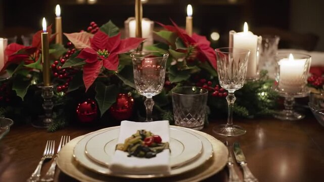 Elegant christmas dinner table setting with roasted meat, poinsettias, and lit candles