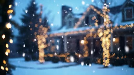 Festive house with glowing christmas lights and falling snow on a winter evening - Powered by Adobe