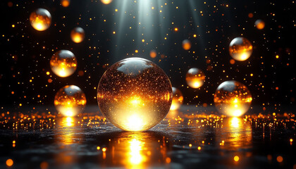 Transparent Spherical Orbs with Inner Orange and Gold Illumination on Dark Background