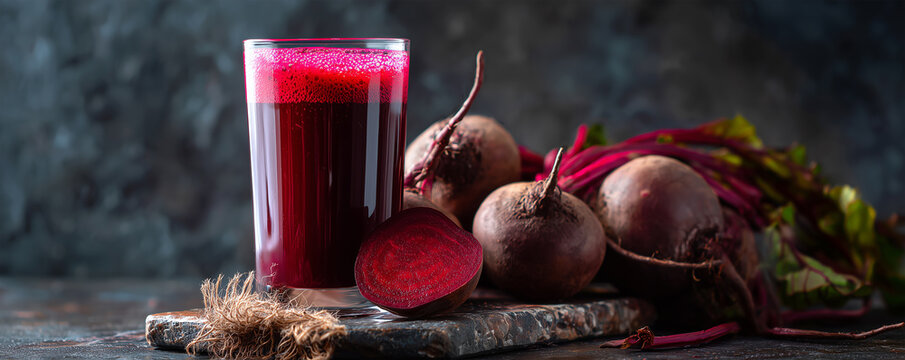 Fresh beetroot juice in a glass glows on a marble surface with vibrant colors, capturing the essence of healthy living and refreshing flavors, inviting enjoyment and nutrition in every sip