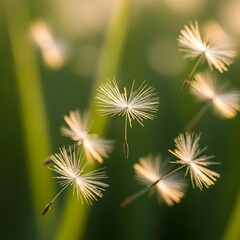 Obraz premium Ethereal Dance of Dandelion Seeds in Gentle, Warm Sunlight: A Macro Journey Through Nature’s Delicate, Fluid Elegance and Whimsical Movement