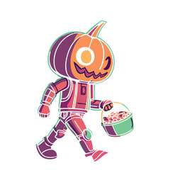 Cute robot character with a pumpkin head trick or treating