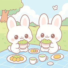 Cute kawaii bunny rabbits having picnic with matcha and dango illustration for kids and children art