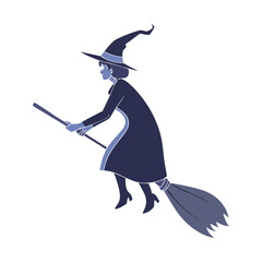 Silhouette of a witch flying on a broomstick against a white background