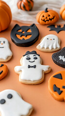 Festive iced sugar cookies on orange surface with jack-o-lantern decor and pumpkins in background, Halloween baking