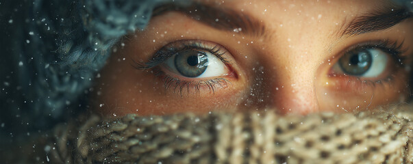 In a tranquil winter setting, the womans eyes emerge from the warmth of a knitted scarf, while delicate snowflakes gently fall and shimmer against the fabric, creating a serene and enchanting atmosphe