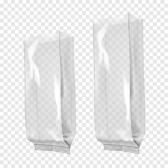 Open long narrow empty clear plastic bag. Realistic 3d vector mockup. Blank food snack side gusseted transparent pouch grocery package. Mock-up. Template for design