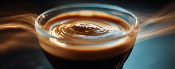 Craft espresso captured in swirling motion blur, showcasing the rich crema and deep colors in a cinematic soft haze, evoking a warm, inviting atmosphere in a cozy cafe setting during early morning hou